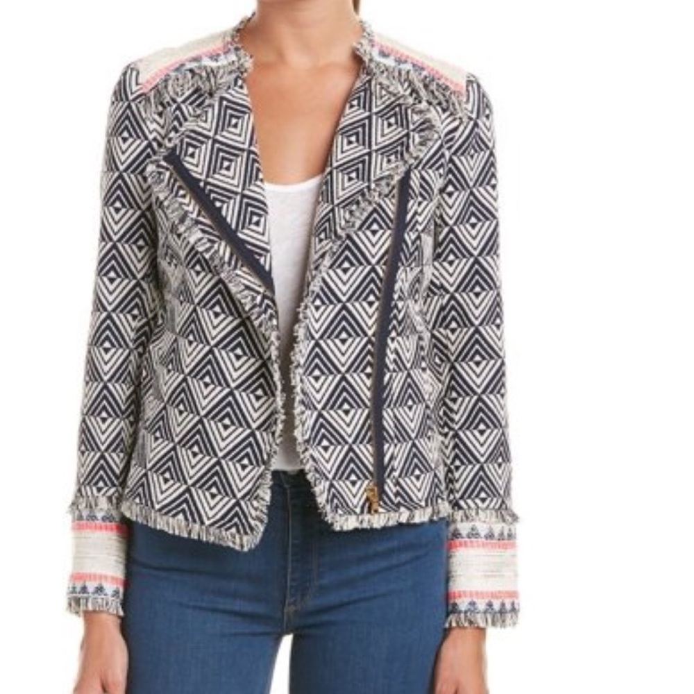 Trina Turk Black and White Geometric Fringe Jacket with Pink Accents